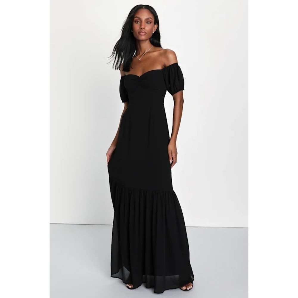 Lulus Appealing Elegance Maxi Dress Womens M‎ Black Off Shoulder Formal Wedding
